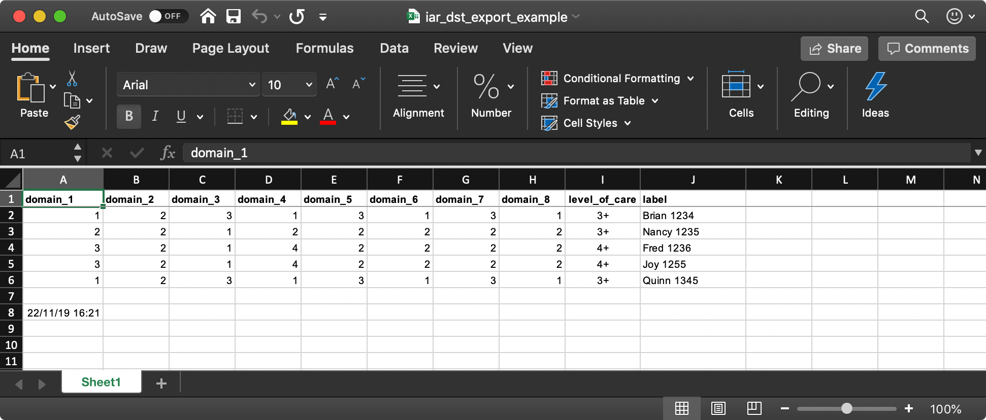 Example of layout for master spreadsheet