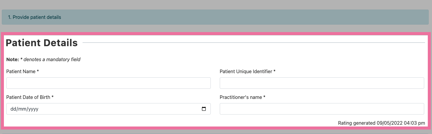 Example patient details section