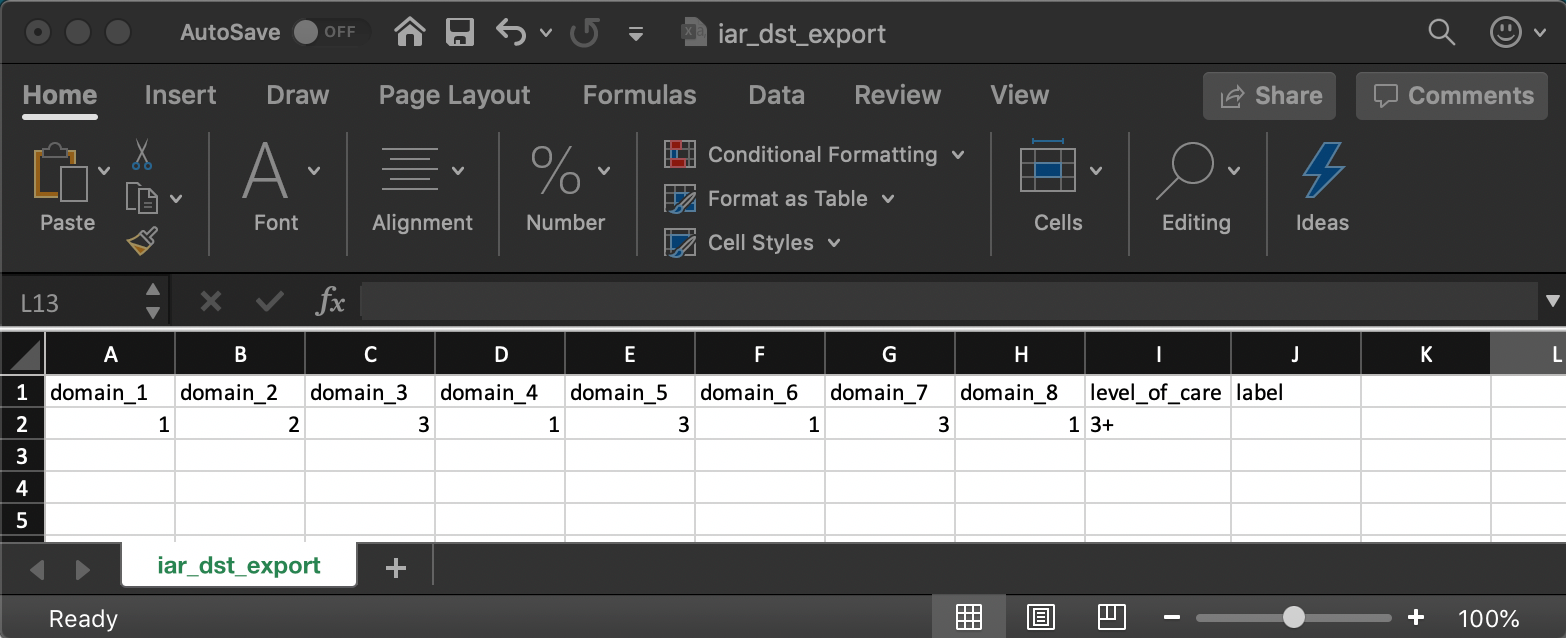 Example of file when opened with Excel